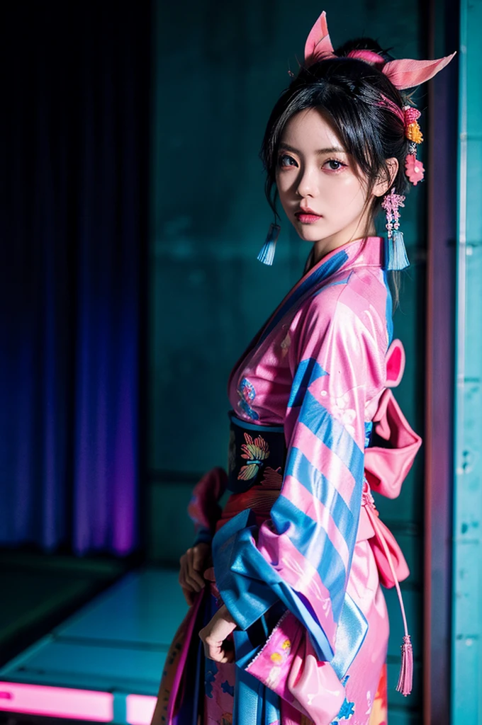 Japanese cyberpunk high fashion of Oiran kimono cool girl, kimono punk, cyberpunk, pink and blue neon color,huge beasts, full body statue, (Dynamic light and shadow, High resolution, Sharp focus, Depth of written boundary), against bright pink background, nsfw