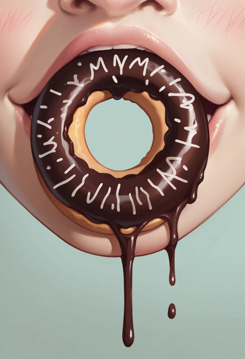 photorealistic of a goddess holding a big doughnut in her mouth, slappy, chocolate drip all over his face, happy face, close up, best quality, masterpiece