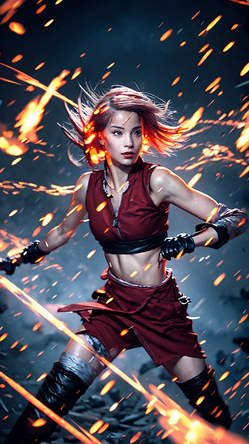 Moisturized skin,Realistic body,(Adult female body),Energetic,(),(Girl),,Crop top,,Collarbone,Earrings,
BREAK,
Bright red lipstick,(Beautiful navel),(Pink hair),Beautiful hair,Short hair,
BREAK,
((Masterpiece+Top quality+High resolution+Very detailed)), (Full body:1.2),Symmetrical,One shot,
BREAK,
(Wind blowing),(Covered in blue electricity),(Battle stance:1.4),
BREAK,
Assassination,,Fantastic,Dynamism,Very tight leggings,((In the middle of a war, Battle stance),((Fires everywhere, Bloody, Death is everywhere, Corpses, Corpses, Burned down Japanese castle,Hellish,Chaos),