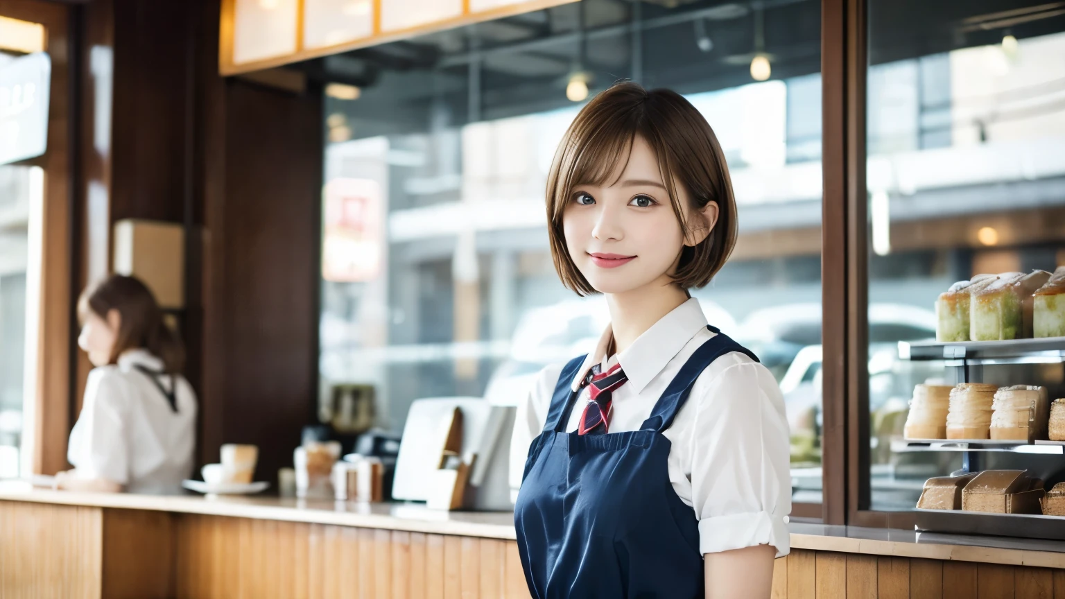 super high quality, Fashion Model, smile, thinのネックレス, thin, The staff is working at the counter in the back.., (8k、RAW Photos、Highest quality、masterpiece:1.2), Japanese Idols, Stylish cafe, (Realistic、Realistic:1.37), Mesh Hair, Urban Cafe, Golden Ratio, RAW Photos, Cute Face , Light brown hair, Small breasts, Bright cafe interior, Blurred Background, Summer clothes, Beautiful hairstyle, Photo taken in a cafe, Hair blowing in the wind, Very short hair, 18-year-old, Stewardess Uniform, 
