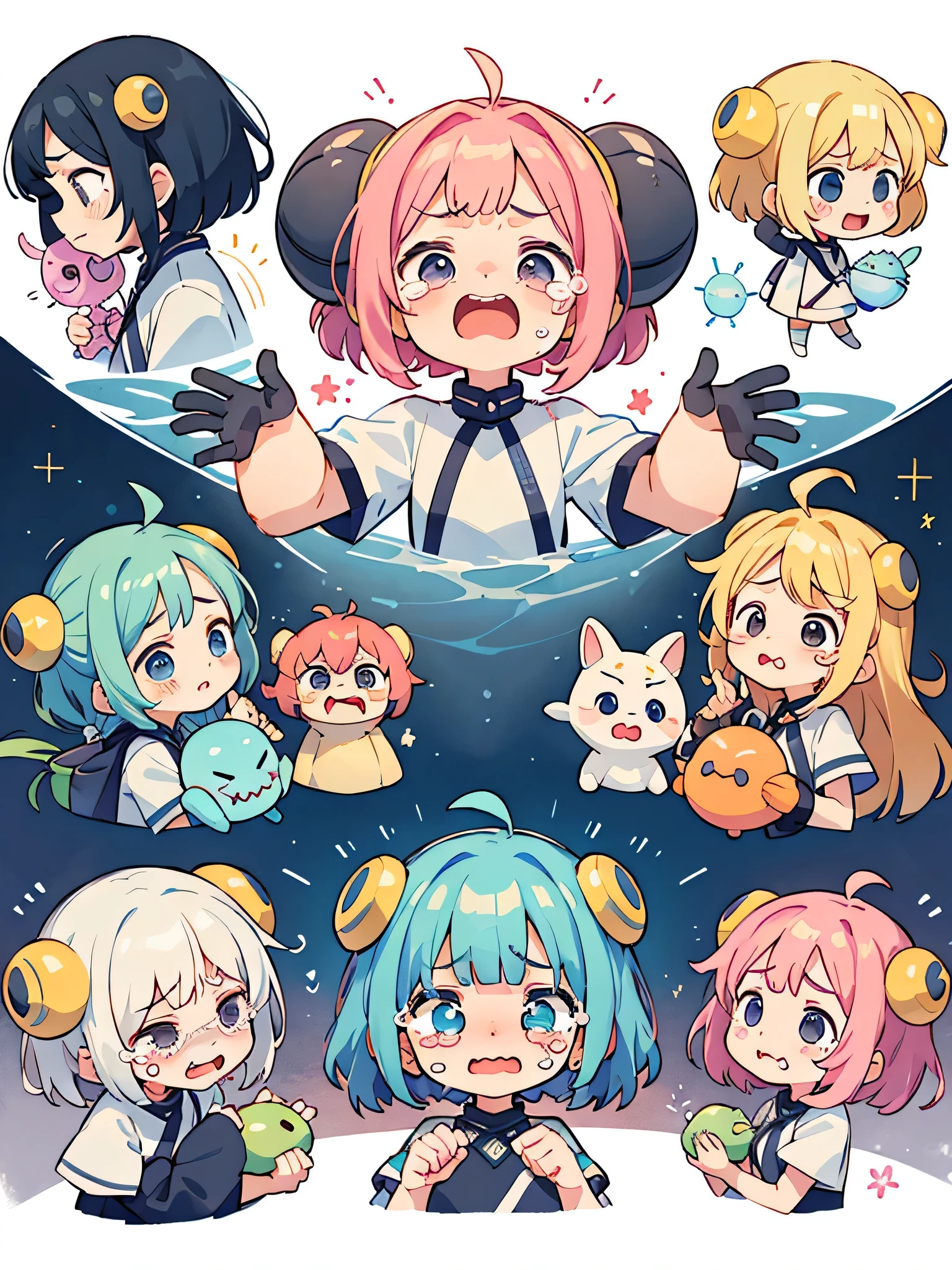 Monoko Sakura style, Kawaii Design, most beautiful girl ever、Chibi,  ((Lots of friends))、(((Cute Aliens)))、 (((Cute Aliens are crying)))、(((tears)))