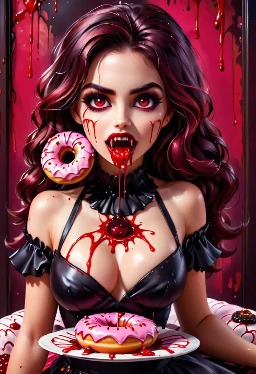 a portrait of a female vampire eating a (bloody donut: 1.3), an exotic exquisite beautiful female vampire, dynamic hair color, wavy hair, dynamic eyes color, (glowing  eyes: 1.1), intense eyes, wearing glamour silk dress, intricate detailed dress, dynamic color dress, dynamic style dress, (eating  a large donut soaked with blood: 1.3), blood dripping from the donut, cherries, whipped cream,  dark fantasy pastry shop background,  vibrant, Ultra-high resolution, High Contrast, (masterpiece:1.5), highest quality, Best aesthetics), best details, best quality, highres, 16k, [ultra detailed], masterpiece, best quality, (extremely detailed) RAW, (ultra details, Masterpiece, best quality),   Dark Art Painting Style, Intense gaze, blood, Cinematic Hollywood Film
