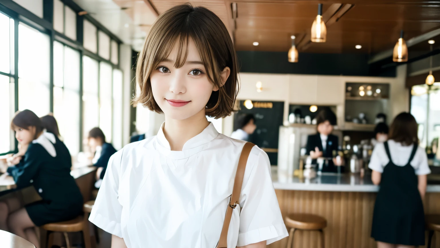 super high quality, Fashion Model, smile, Slenderのネックレス, Slender, The staff is working at the counter in the back., (8k、RAW Photos、Highest quality、masterpiece:1.2), Japanese Idol, Stylish café, (Realistic、Photorealistic:1.37), Mesh Hair, Urban Cafe, Golden Ratio, Raw photo, Cute face , Light Brown Hair, Small breasts, Bright cafe interior, Blurred Background, Summer clothes, Beautiful hairstyle, Photographed inside the cafe, Hair blowing in the wind, Neat clothes, Very Short Hair, 18-year-old, Cabin Attendant Uniform,