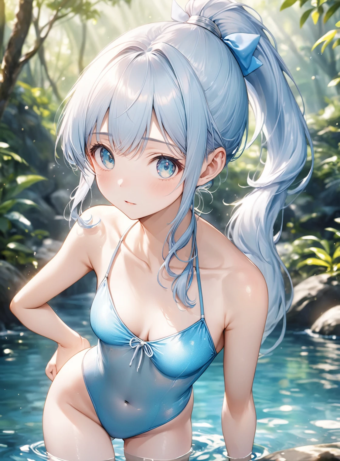 (Highest quality, 8k, 32K, masterpiece, Ultra-high resolution,:1.2),born, One girl,Super cute , Natural light,Clear, shining eyes, 20-year-old ,Fair skin, Light blue hair, ponytail, Bold Swimsuit, Nature
