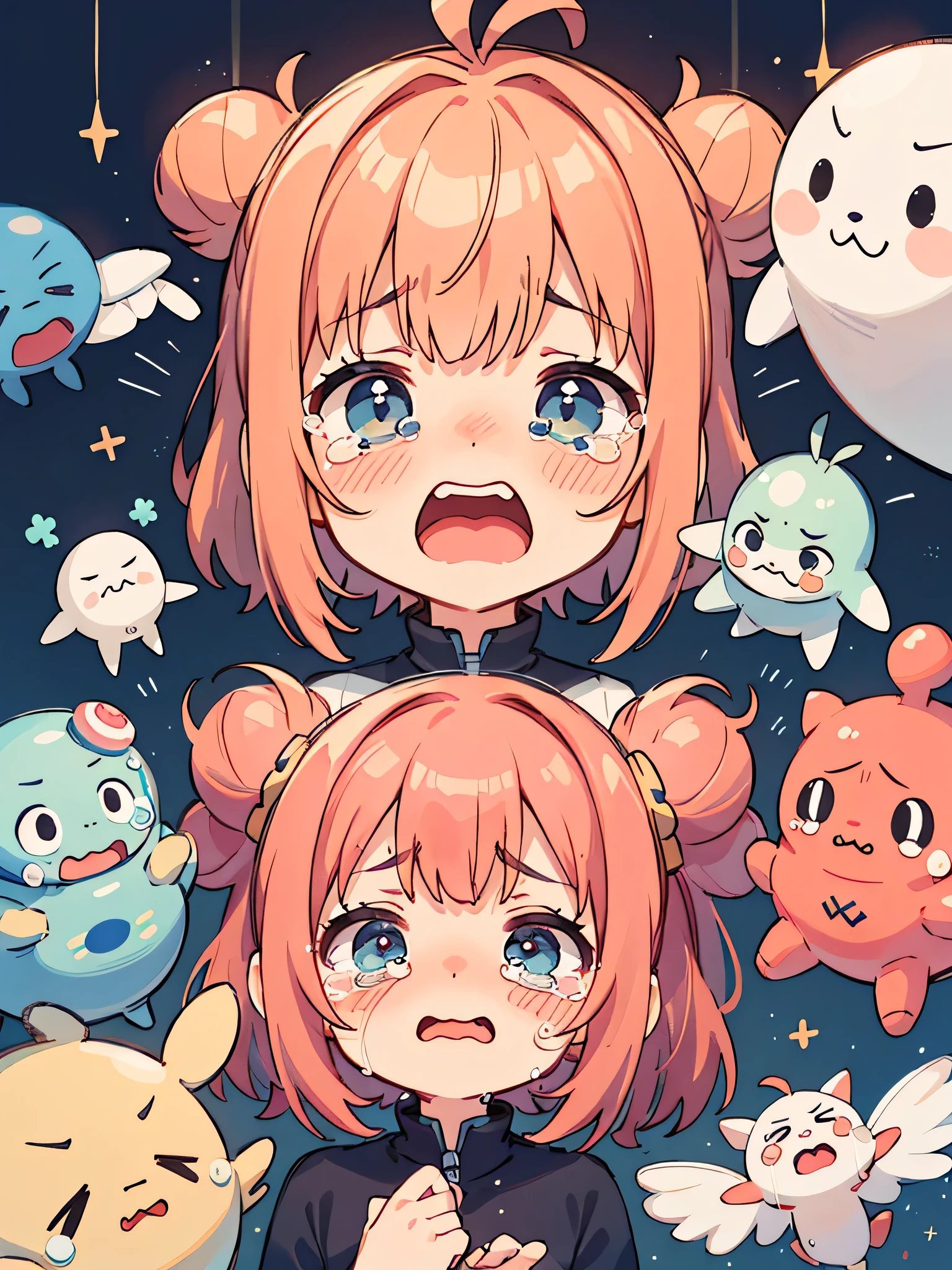 Monoko Sakura style, Kawaii Design, most beautiful girl ever、Chibi, ((Lots of friends))、(((Cute Aliens)))、 (((Cute Aliens are crying)))、(((tears)))