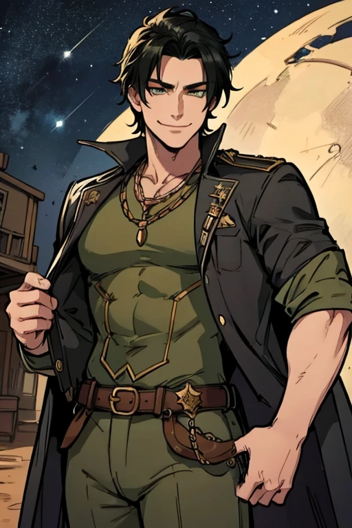 A muscular black haired man with green eyes in a sheriff's outfit is watching the stars in a wild west town with a big smile