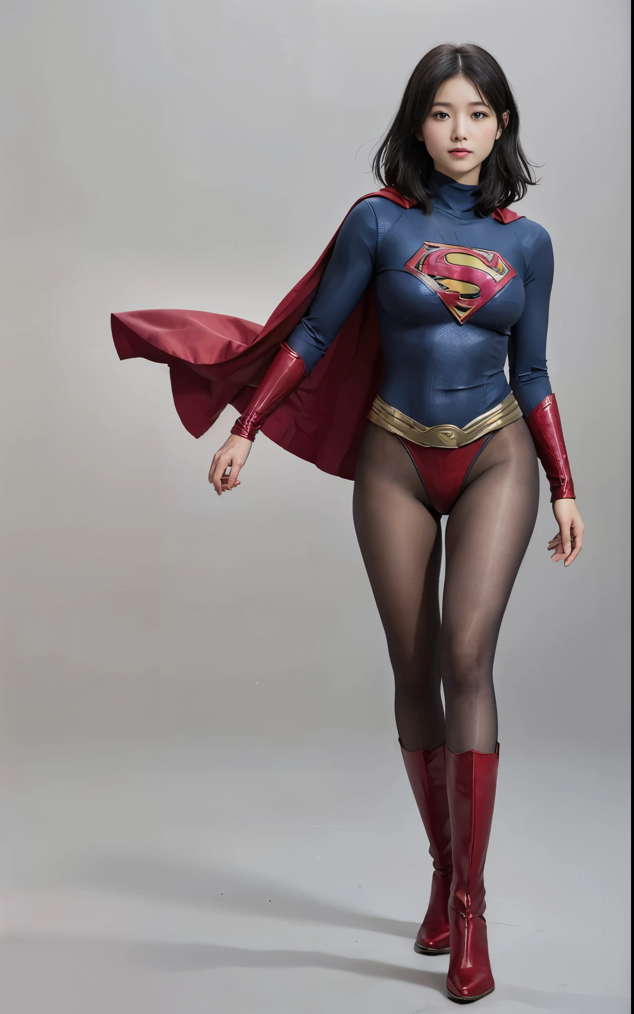 No background、She always has her mouth open、She always has a sad look on her face、Always close your eyes、(((Beautiful legs in black tights.)))、(((Stretch your legs、expensive、Showing a beautiful smile)))、((((Make the most of your original images)))、(((Supergirl Costume)))、(((Beautiful Short Hair)))、(((Suffering face)))、(((Black tights legs、Wear red boots)))、((Best image quality、8k))、((Highest quality、8k、masterpiece:1.3))、(((Preserve background )))、Sharp focus:1.2、Beautiful woman with perfect figure:1.4、Slim Abs:1.2、Wet body:1.5、Highly detailed face and skin texture、8k