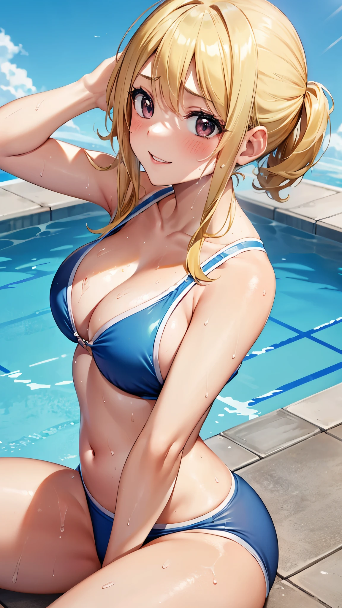 1girl, lucy heartfilia, smile, blush, ((W-sitting on the floor with your back turned)), (a seductive pose), view audience, thighs, sexy swimwear, (((sweaty))), realistic skin texture, (dynamic angle, Composition looking up from below), sexy, CG, unity, 8k, wallpaper, highest quality, masterpiece, best lighting, detailed background, complex pupils, complex textile, at the outdoor pool, (blue Sky: 1.5)