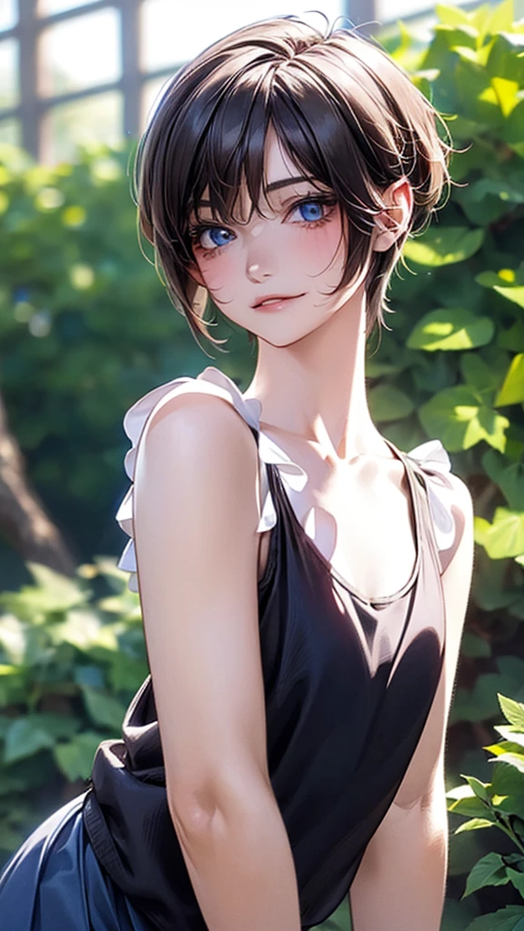 (masterpiece:1.3, Highest quality, Ultra-high resolution, Super detailed), (Realistic:1.1, photoRealistic:1.4), Beautiful illustrations, Perfect lighting, colorful, Depth of written boundary, Beautiful detailed hair, Beautifully detailed face, Beautiful attention to detail, Beautiful clavicle, Beautiful body, (Beautiful small breasts), Beautiful thighs, Beautiful feet, Beautiful fingers, View your viewers, 1 girl, Japanese, high school girl, Perfect Face, (Perfect Anatomy, Anatomically correct), Cute and symmetrical face, Baby Face, Sunburn, Glowing Skin, (short hair:1.5, Bobcut:1.2, Ash Blonde Hair), Hair between the eyes, blue eyes, Long eyelashes, thin, (Pale pink dress, Black tank top, White Skirt), (Are standing), (Cute smile,, Close your mouth),