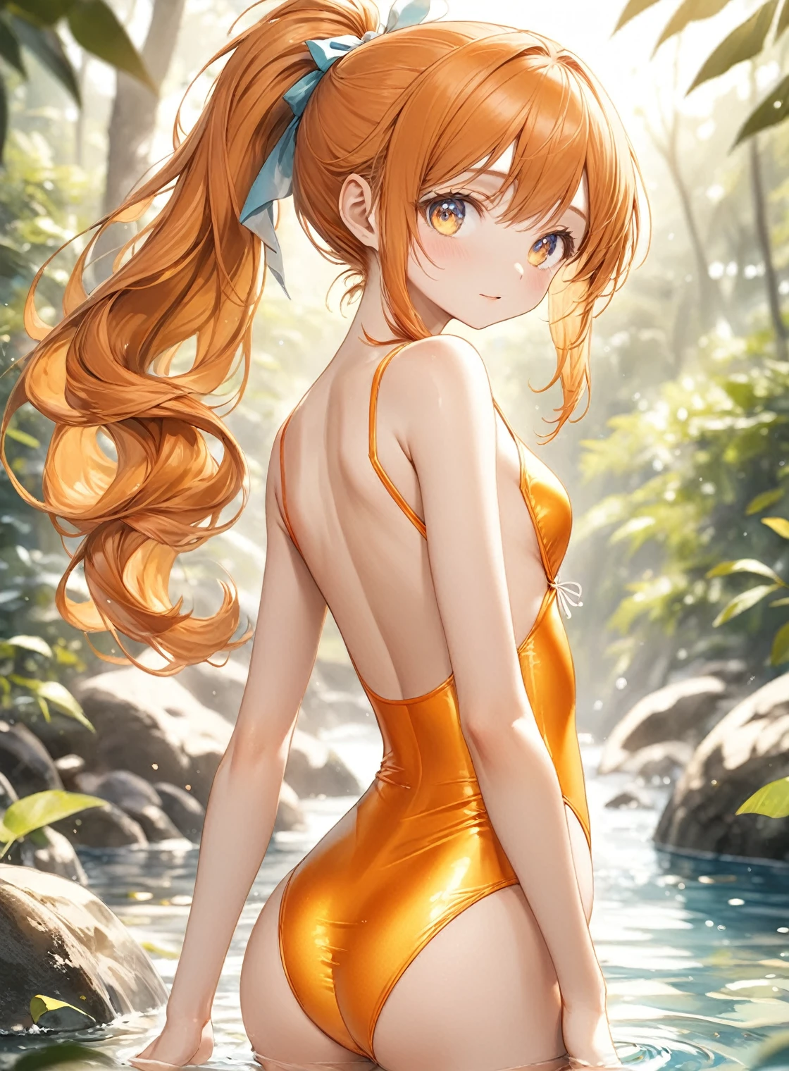 (Highest quality, 8k, 32K, masterpiece, Ultra-high resolution,:1.2),born, One girl,Super cute , Natural light,Clear, shining eyes, 20-year-old ,Fair skin, Orange hair, ponytail, Bold Swimsuit, Nature