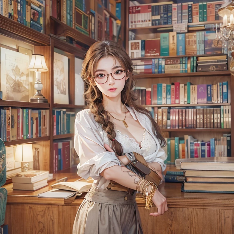 Librarian、Clean look、White blouse、Tight Skirt、Glasses(masterpiece:1.3), (8k, Realistic, RAW Photos, Best image quality: 1.4), Japanese 、26 years old,(Random Hairstyles:1.2)、Cleavage:1.2、Highly detailed face、Attention to detail、double eyelid、Chest to chest、Sharp focus:1.2、Beautiful woman:1.4、Light brown hair、Highest quality、masterpiece、Ultra-high resolution、(Realistic:1.4)、Highly detailed and professionally lit smiles、She is looking for a book、Braiding、Recall