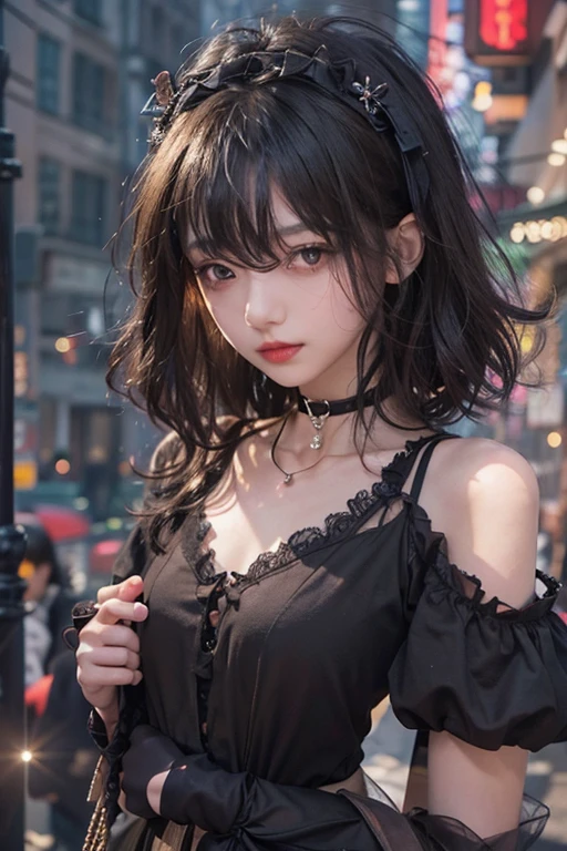 ((Upper Body))、((One Girl))、Age 27、((Very short hair))、((Straight bangs))、((Black-haired))、(Take in the view)、Gothic Lolita、((Black maid outfit))、(Eye patch for left eye)、(Realistic:1.2)、In 8K、(High Quality Shadows)、Beautiful and delicate face、Beautiful and delicate eyes、Cute K-pop Idol、(The Face of Ulzan in Korea)、(Urzan-6500-v1.1:0.6)、Glowing Eyes、Perfect body、Natural color reproduction、((Strong light))、Bright red lipstick、(choker)、((Brown eyes))、Shiny Hair、Description of beautiful and delicate hair、(Glowing Skin)、(night)、Japanese、(dark alley between buildings)、Street lamp、Shoulder Bare、Small red rose tattoo on the décolletage、Just one tattoo