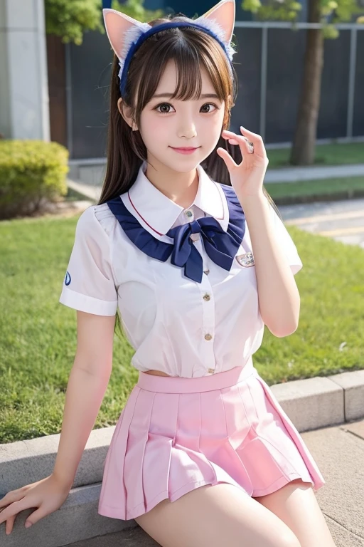 Cute Girls、high school girl、Idol、uniform、mini skirt、See-through、Fluttering in the wind、sit、Pink cat ears