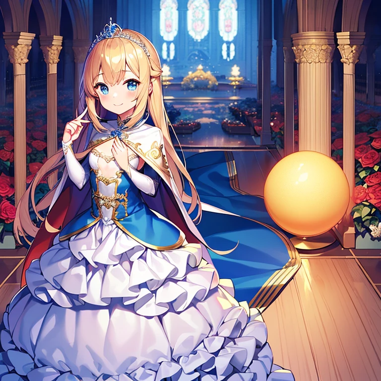 best quality,(long train blue cape:1.15),(long train white ball gown with floral decoration:1.15), a girl is wearing a cape over her dress, anime style, rococo style, little princess, tiara, kind smile, very long hair, small breast, perfect fingers, masterpiece