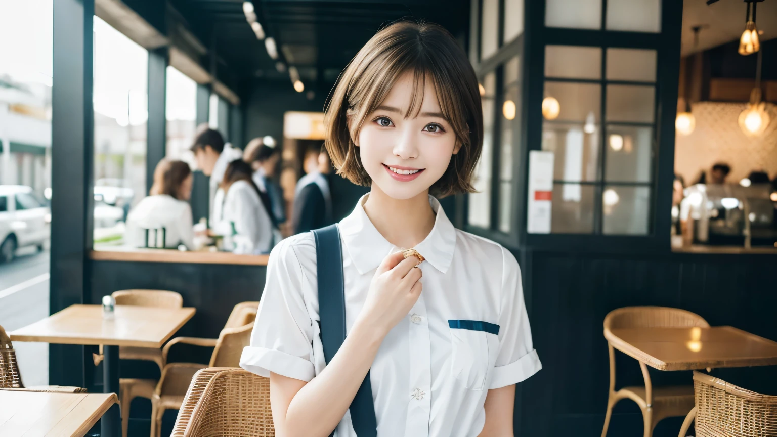 super high quality, Fashion Model, smile, thinのネックレス, thin, The staff is working at the counter in the back.., (8k、RAW Photos、Highest quality、masterpiece:1.2), Japanese Idols, Stylish cafe, (Realistic、Realistic:1.37), Mesh Hair, Urban Cafe, Golden Ratio, RAW Photos, Cute Face , Light brown hair, Small breasts, Bright cafe interior, Blurred Background, Summer clothes, Beautiful hairstyle, Photo taken in a cafe, Hair blowing in the wind, Very short hair, 18-year-old, Stewardess Uniform, 

