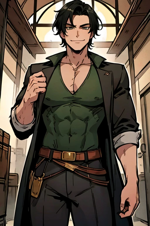 A muscular black haired man with green eyes in a sheriff's outfit is watching the stars in a wild west town with a big smile