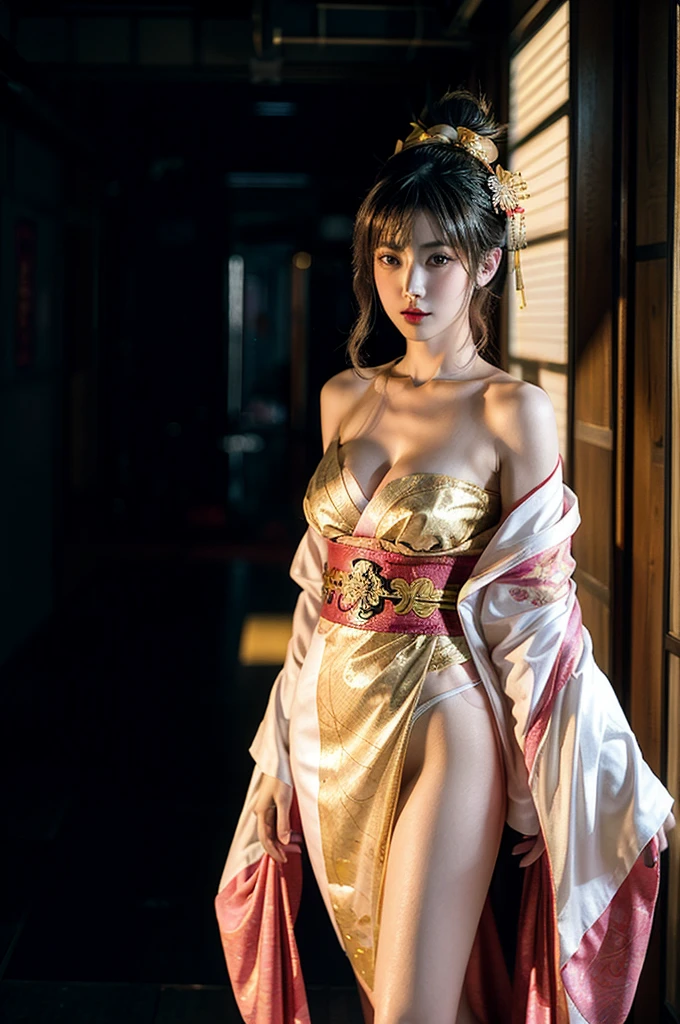 Japanese cyberpunk high fashion of Oiran kimono cool girl, white kimono, cyberpunk, gold color, full body standing,huge , (Dynamic light and shadow, High resolution, Sharp focus, Depth of written boundary), against bright pink background, nsfw