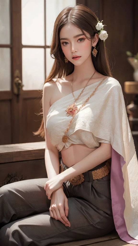 (RAW photos:1.2), (realistic:1.4), (Masterpiece:1.3), (best quality:1.4), Ultra high resolution, (Detailed eyes), (Detailed facial features), (Detailed clothing features), HDR, 8K resolution, focus only, Dressing according to Thai tradition, Traditional shawl , 1 woman , big breasts, A gigantic rift, big breastsดันเสื้อผ้า, big breast, Your breasts will grow to their full size...., Make your breasts bigger.., small waist, Long legs, Facing the audience, full body, depth of field, Cinema-grade lighting system, big breasts,  Too big for your body, Revealing a flat stomach, The lower half of the chest can be seen...., Sexy sitting posture, Pictures from eye-catching angles, Correct picture composition, The picture is complete.., 