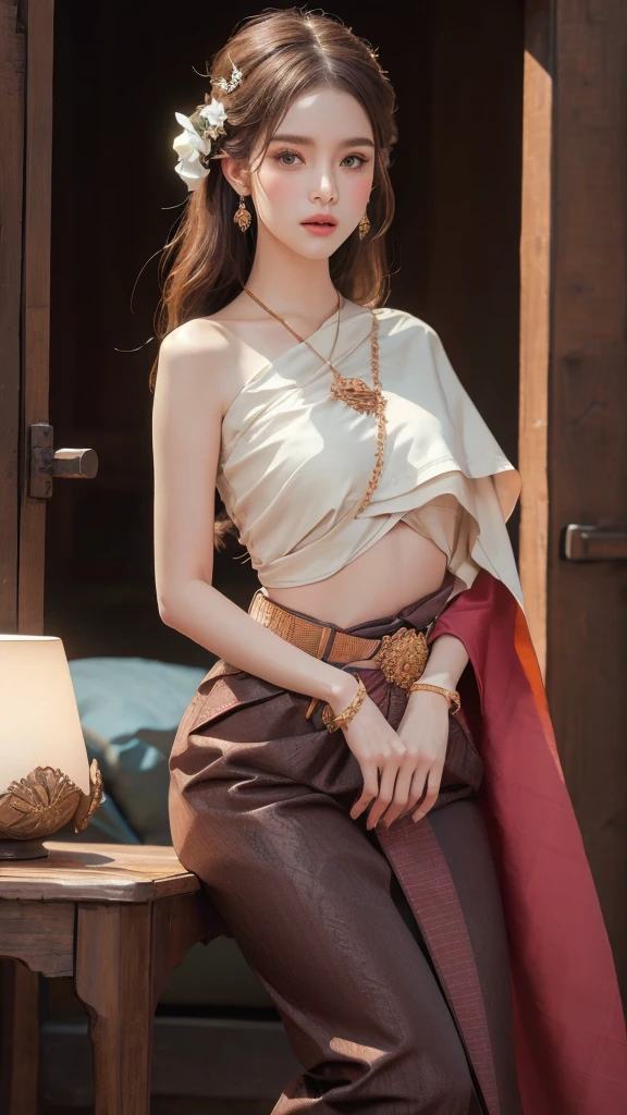 (RAW photos:1.2), (realistic:1.4), (Masterpiece:1.3), (best quality:1.4), Ultra high resolution, (Detailed eyes), (Detailed facial features), (Detailed clothing features), HDR, 8K resolution, focus only, Dressing according to Thai tradition, Traditional shawl , 1 woman , big breasts, A gigantic rift, big breastsดันเสื้อผ้า, big breast, Your breasts will grow to their full size...., Make your breasts bigger.., small waist, Long legs, Facing the audience, full body, depth of field, Cinema-grade lighting system, big breasts, Too big for your body, Revealing a flat stomach, The lower half of the chest can be seen...., Sexy sitting posture, Pictures from eye-catching angles, Correct picture composition, The picture is complete..,
