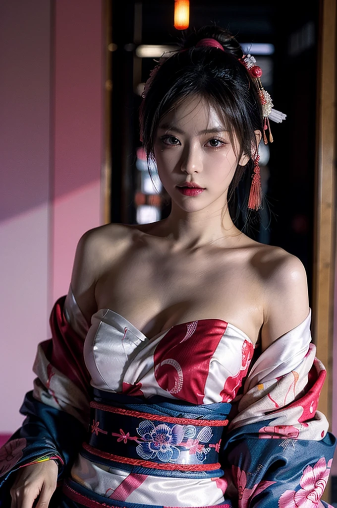 Japanese cyberpunk high fashion of Oiran kimono cool girl, kimono punk, cyberpunk, wearing white kimono, huge breasts, upper body standing, (Dynamic light and shadow, High resolution, Sharp focus, Depth of written boundary), against bright pink background, nsfw