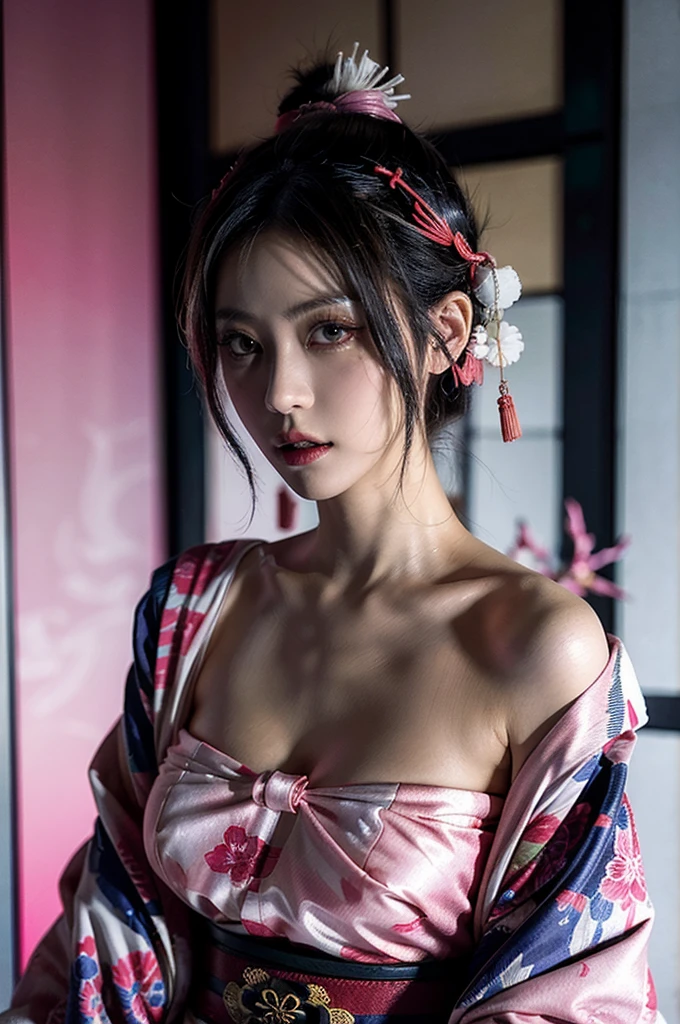 Japanese cyberpunk high fashion of Oiran kimono cool girl, kimono punk, cyberpunk, wearing white kimono, huge breasts, upper body standing, (Dynamic light and shadow, High resolution, Sharp focus, Depth of written boundary), against bright pink background, nsfw