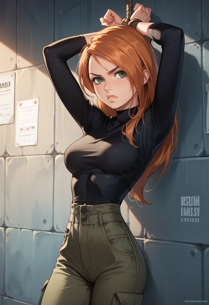 kim possible, detailed eyes, high detailing, narrow waist, 1girl, black tight shirt, long sleeves, cargo pants, angry look, on wall, hands bound,serious, bound arms, hands behind head, arms up, thigh, (bondage, rope bondage)