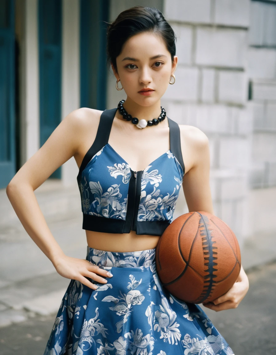 Quite a bit body, photo of a gorgeous young asian woman in a Glamorous outfit, beautiful slim face Japanese girl, still from the film, ((solo)), (Marion Cotillard look alike face: 0.8), ((8K)), ((4K)), ((best quality)), ((Superior quality)), ((high quality)), ((detailed)), ((super detailed)), ((very detailed )), Girl, blonde, black cap, blue eyes, punk shirt, long skirt, Hawaiian skirt, punk bracelet, playing with a ball, Leica SL3, Summicron-SL 75 f/2 ASPH, kodak gold 200 film, dynamic action pose,