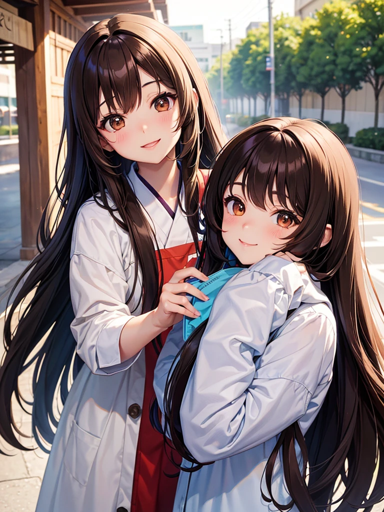 Brown hair. Long hair. Anime girl. Asian girl. Ulzzang. Brown eyes. Smiling.