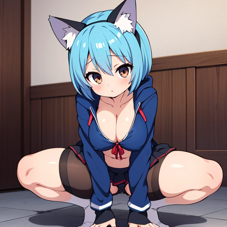 anime girl with blue hair, anime moe artstyle, rogue anime girl ayanami rei, 2 d anime style, Kantai Collection Style, the anime girl is crouching, beautiful anime girl squatting, peeing wet pussy, incontinence, Wearing a jacket with a hoodie made of animal ears and eyes, Well good, no panty, black pantyhose with thighs visible, Panty shot, 1 girl, blue short bob cut hair, dark brown eyes, lively, cheerful innocent, too large big emphasized breasts that show a lot of skin, boyish, cute, sporty, breasts that seem to stick out, open-chested showing off cleavage sexy clothes, risqué clothing, too short miniskirt, high beams, large erect nipples that can be seen through the clothes