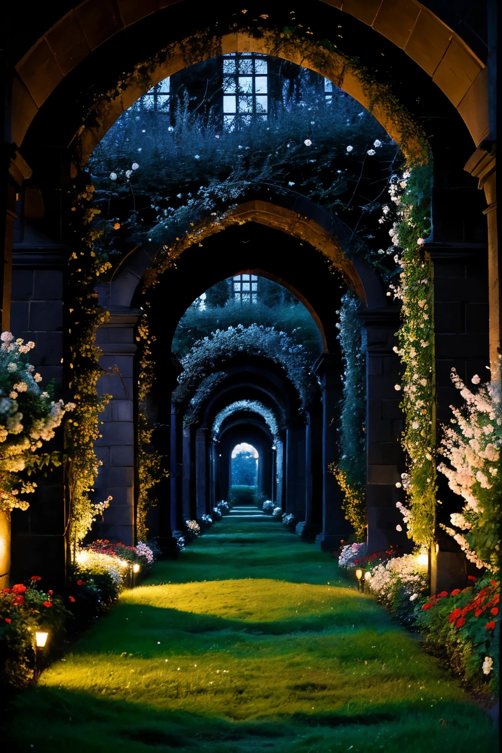 ((best quality)), ((masterpiece)), (detailed), flower tunnel, roses and thorns, grass,night time, blue hue, flowers, anime style, landscape, large