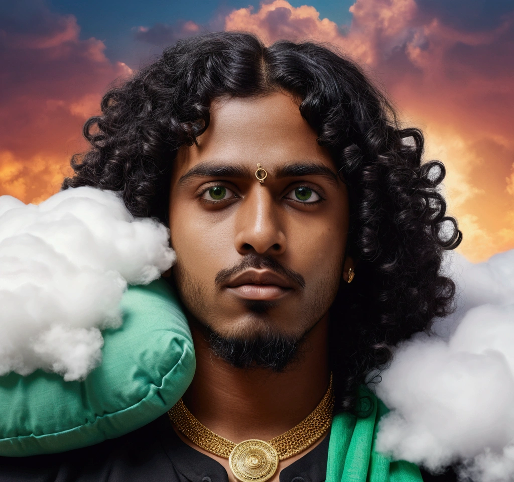 cinematic fantasy scene, close shot of the head of a brown skin south Indian rapper with ovale face shape curly very long black hair round nose and green eyes on a cloud as it was a pillow, 4k realistic