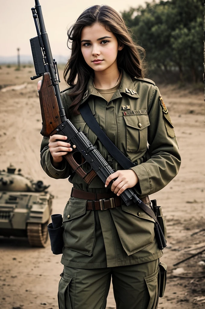 The background is in the war background , age 28, beautiful teenager girl , gun in hand, 