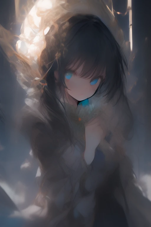 masterpiece, Highest quality, Very detailed, Abstract、Full body photo, Cowboy Shot, Three-part method, darkness, Shine, green, High saturation、sketch、Handwriting、watercolor、Blurry、Focus on the eyes、A girl, 、Completely naked、Long twin tails、Black Hair、The backlight makes it difficult to see the details of the body.、Simple Background、Gothic atmosphere、High saturation