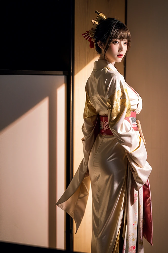 Japanese cyberpunk high fashion of Oiran kimono cool girl, white kimono, cyberpunk, gold color, full body standing, biggest breasts, (Dynamic light and shadow, High resolution, Sharp focus, Depth of written boundary), against bright pink background, nsfw
