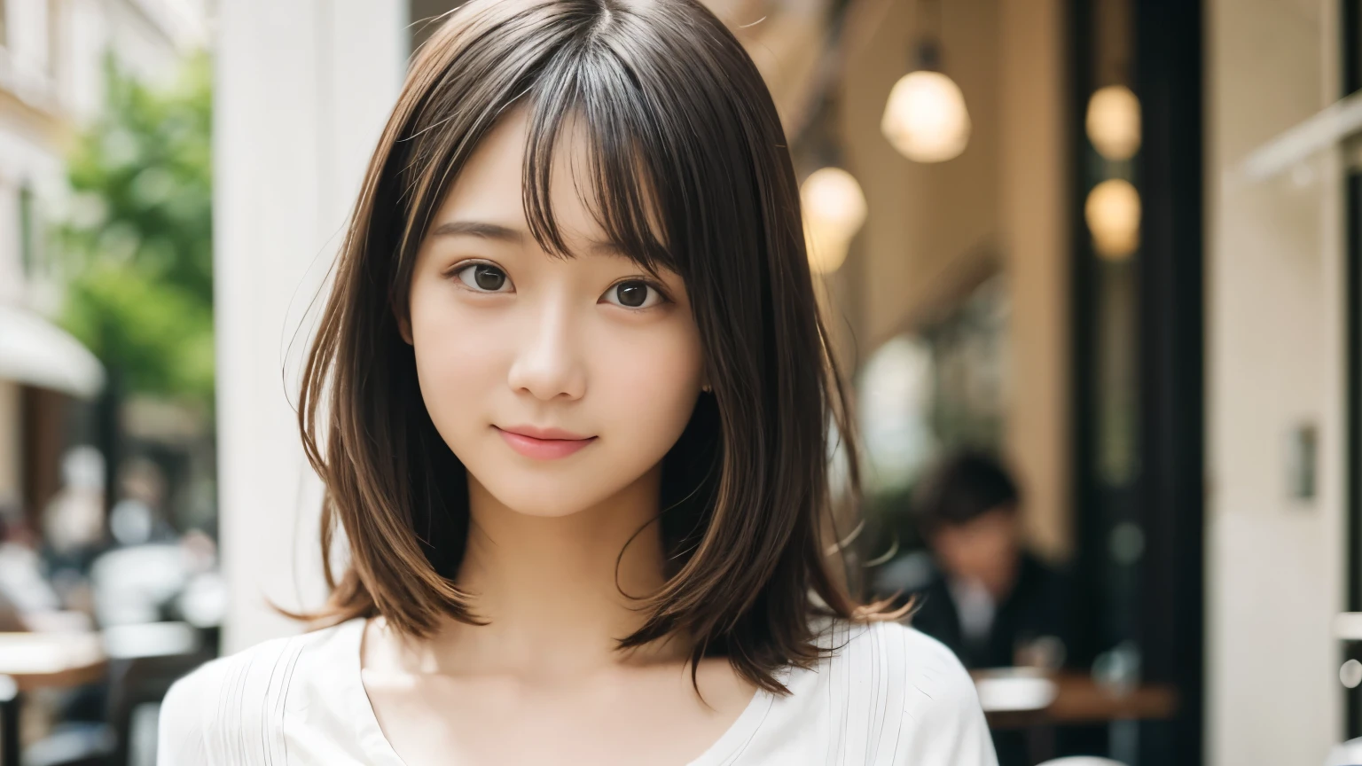 masterpiece, Highest quality, 8k, Disorganized person, (Upper Body:1.4), Stylish cafe,White shirt, beautiful girl, Pretty face, Looking at the audience, smile, Ultra-realistic, High resolution, photograph, Sharp focus, High resolution, Face Light, Dynamic Lighting, Cinema Lighting, Professional Shadow, Beautiful cafe background, Best details, Very detailed, Very detailedな, finely, Real Skin, Delicate facial features, Detailed face and eyes, Sharp pupils、Real students