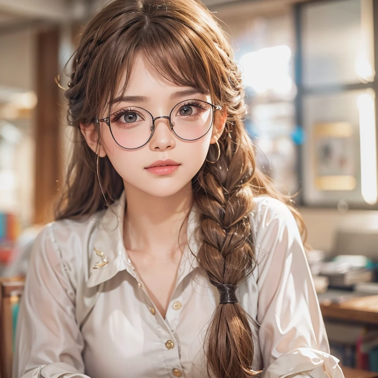1womanl,Golden head hair, ,((Impatient expression)),Beautiful breasts,,well-styled,,(Facing the front)(((Blushing cheeks、Surprised look)),(((Braids))),((( Portrait from the knee up)))Frameless glasses,Blue eyes,(((Bangs are aligned)))((see -through))((Mouth open))