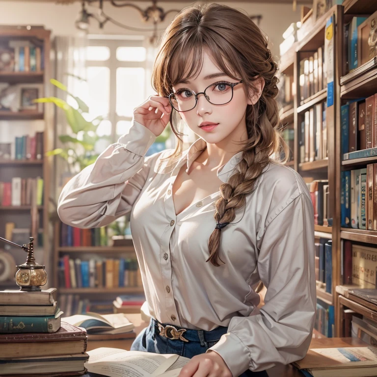 librarian、Clean look、White blouse、Tight Skirt、Glasses(masterpiece:1.3), (8k, Realistic, RAW Photos, Best image quality: 1.4), Japanese 、26 years old,(Random Hairstyles:1.2)、Cleavage:1.2、Highly detailed face、Attention to detail、double eyelid、Chest to chest、Sharp focus:1.2、Beautiful woman:1.4、Light brown hair、Highest quality、masterpiece、Ultra-high resolution、(Realistic:1.4)、Highly detailed and professionally lit smiles、She is looking for a book、Braiding、Remember