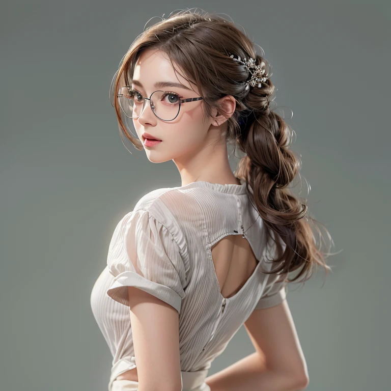 librarian、Clean look、White blouse、Tight Skirt、Glasses(masterpiece:1.3), (8k, Realistic, RAW Photos, Best image quality: 1.4), Japanese 、26 years old,(Random Hairstyles:1.2)、Cleavage:1.2、Highly detailed face、Attention to detail、double eyelid、Chest to chest、Sharp focus:1.2、Beautiful woman:1.4、Light brown hair、Highest quality、masterpiece、Ultra-high resolution、(Realistic:1.4)、Highly detailed and professionally lit smiles、She is looking for a book、Braiding、Remember