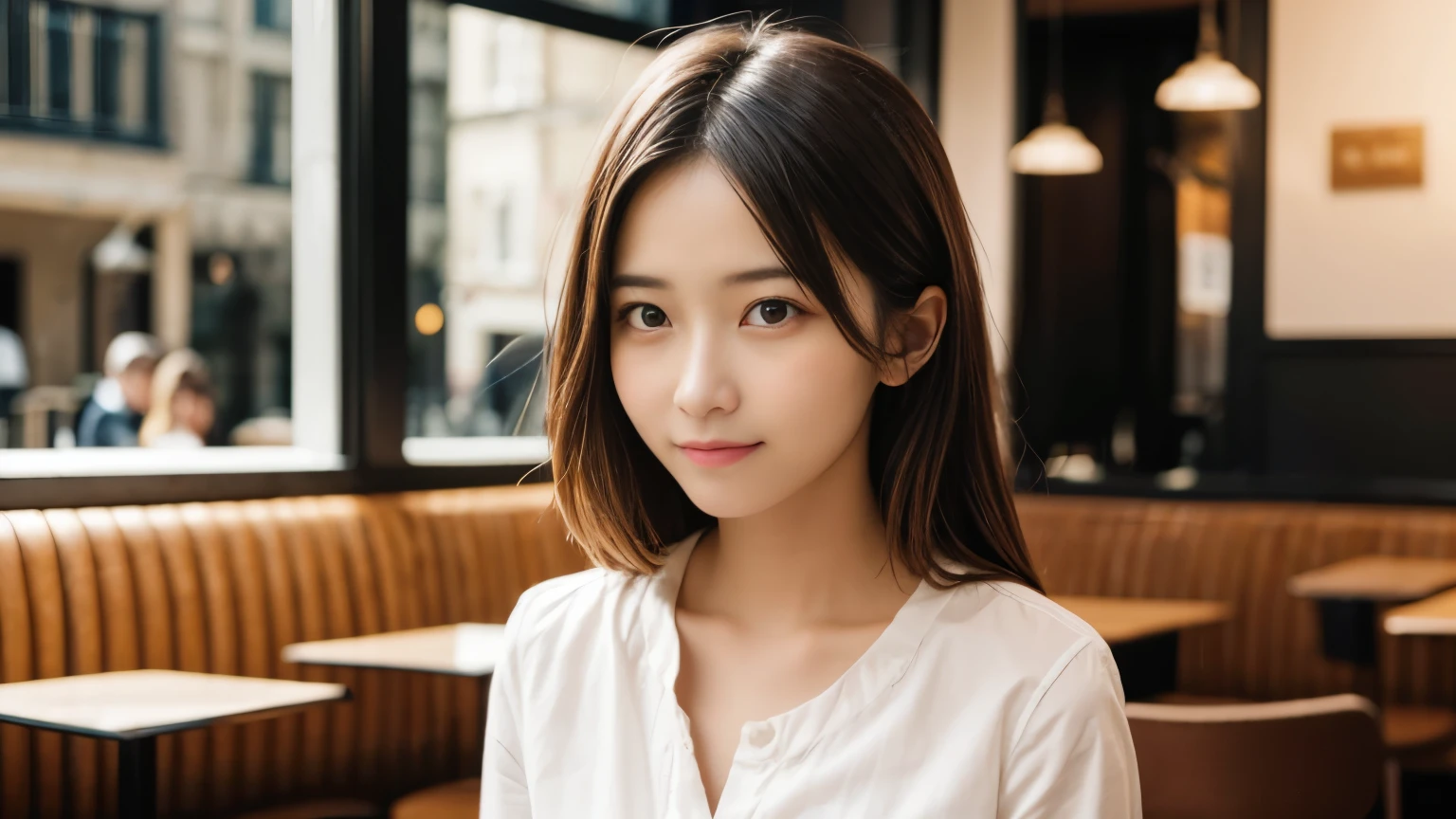 masterpiece, Highest quality, 8k, Disorganized person, (Upper Body:1.4), Stylish cafe,White shirt, beautiful girl, Pretty face, Looking at the audience, smile, Ultra-realistic, High resolution, photograph, Sharp focus, High resolution, Face Light, Dynamic Lighting, Cinema Lighting, Professional Shadow, Beautiful cafe background, Best details, Very detailed, Very detailedな, finely, Real Skin, Delicate facial features, Detailed face and eyes, Sharp pupils、Real students