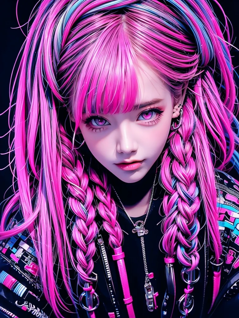 High quality, high resolution, rough, cyberpunk, 1 person, beautiful girl, cool face, glaring expression, pink and blue hair color, braided