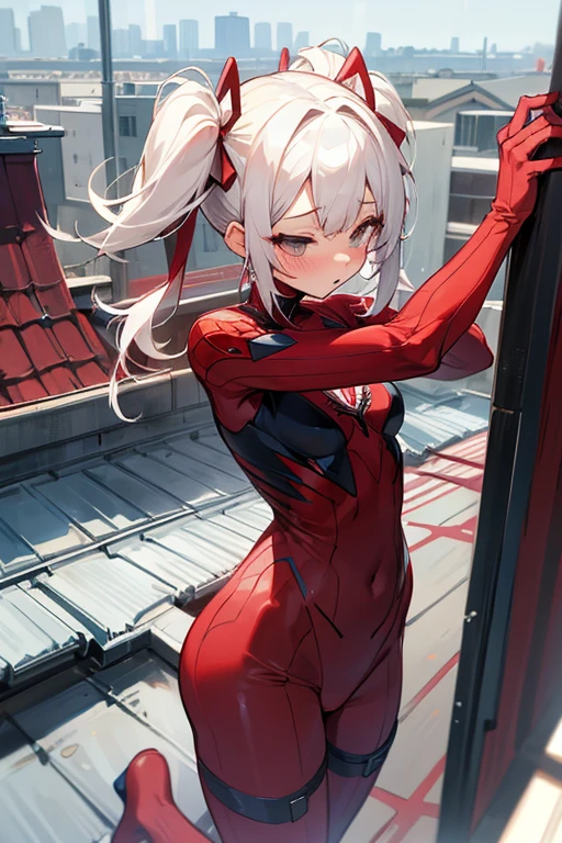 Short white hair, blush, (Spider Suit).Headbang 2.(Twin tails)、(Navy and red clothes).Rooftop、