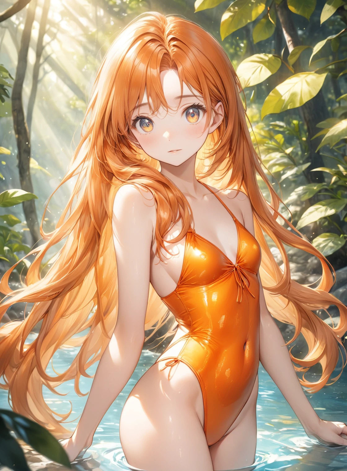 (Highest quality, 8k, 32K, masterpiece, Ultra-high resolution,:1.2),born, One girl,Super cute , Natural light,Clear, shining eyes, 20-year-old ,Fair skin, Orange hair, Long Hair, Bold Swimsuit, Nature, Long Hair