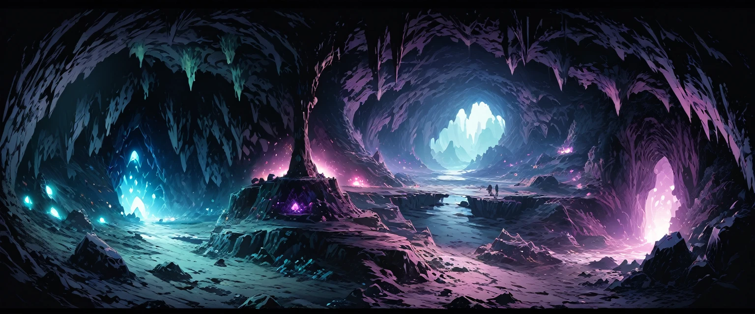 cave,The interior of the cave,Pitch black,There are some glowing blue-purple crystals inside,There is a giant dragon lying next to the crystal。Bird's eye view composition,Panorama pictures,Scene screen,Game concept art style,Anime illustration style,HD,4K。