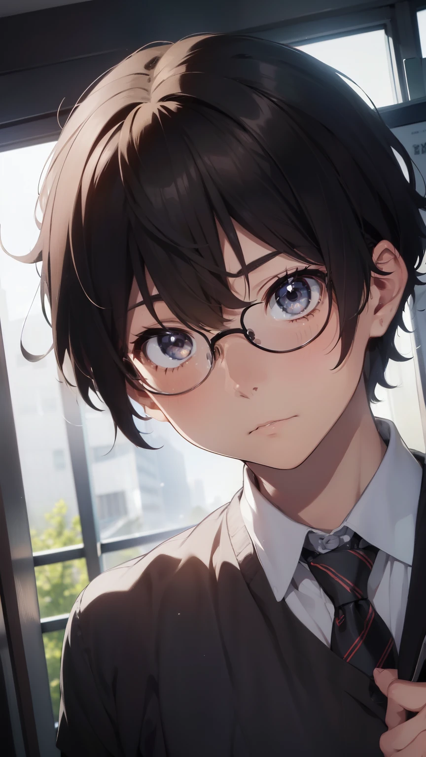 (1 boy), (), Symmetrical Eyes, male, tie, holding a book, small book in hand, (holding small book), Thick black frame glasses, shy, black messy hair, bluish-grey eye color, wearing glasses, 4k, detailed, anime 4k, (Curly hair), from side, character focus, ((black light)),((dark lighting)), cinematic lighting ,(darkness), (concept art), high resolution,(incredibly absurdres) ,extremely detailed CG unity 8k wallpaper, ((masterpiece)), ((top-quality)), (beautiful illustration), ((an extremely delicate and beautiful)), (masterpiece, Best quality, ultra high resolution), Black hair, pale skin, ultra detailed eyes, Beautiful and detailed face, detailed eyes, (Centered, torso), (wide shot:0.9), facing the viewer, Eye level, ((male)), blushing, masculine face, narrow eyes, flat chest, masculine build, slightly muscular,
