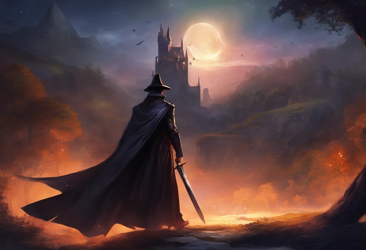 Concept Art, The face is precise, The face is dense, A lone vampire hunter wearing a jet black cape and jet black travelers hat., A dynamic scene of a beautifully decorated long sword being swept away vampires, In the background is a medieval castle under midnight
