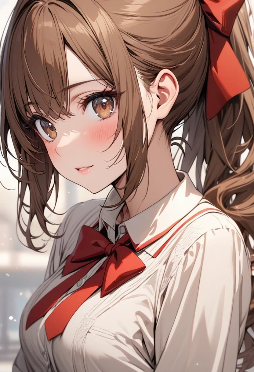 girl, brown hair, brown eyes, ponytail, red bow, beautiful, high detail,
