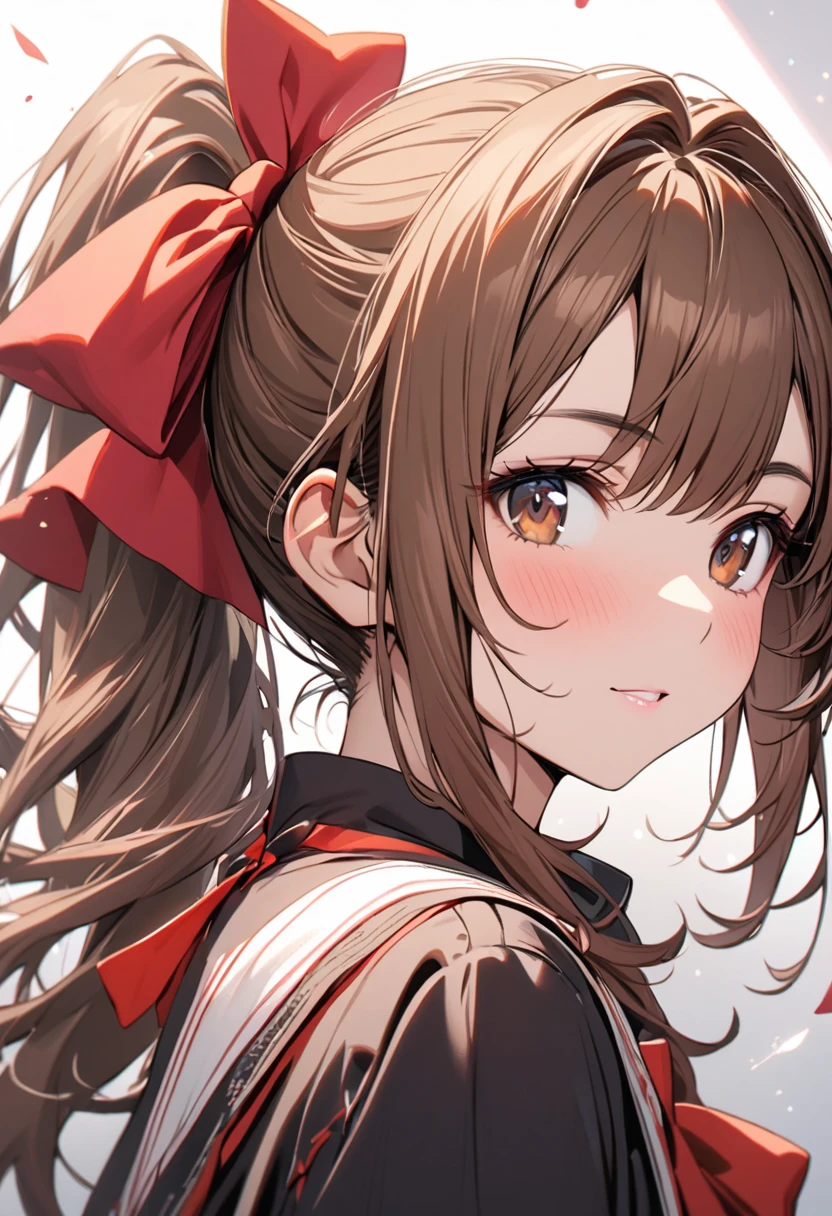 girl, brown hair, brown eyes, ponytail, red bow, beautiful, high detail, 