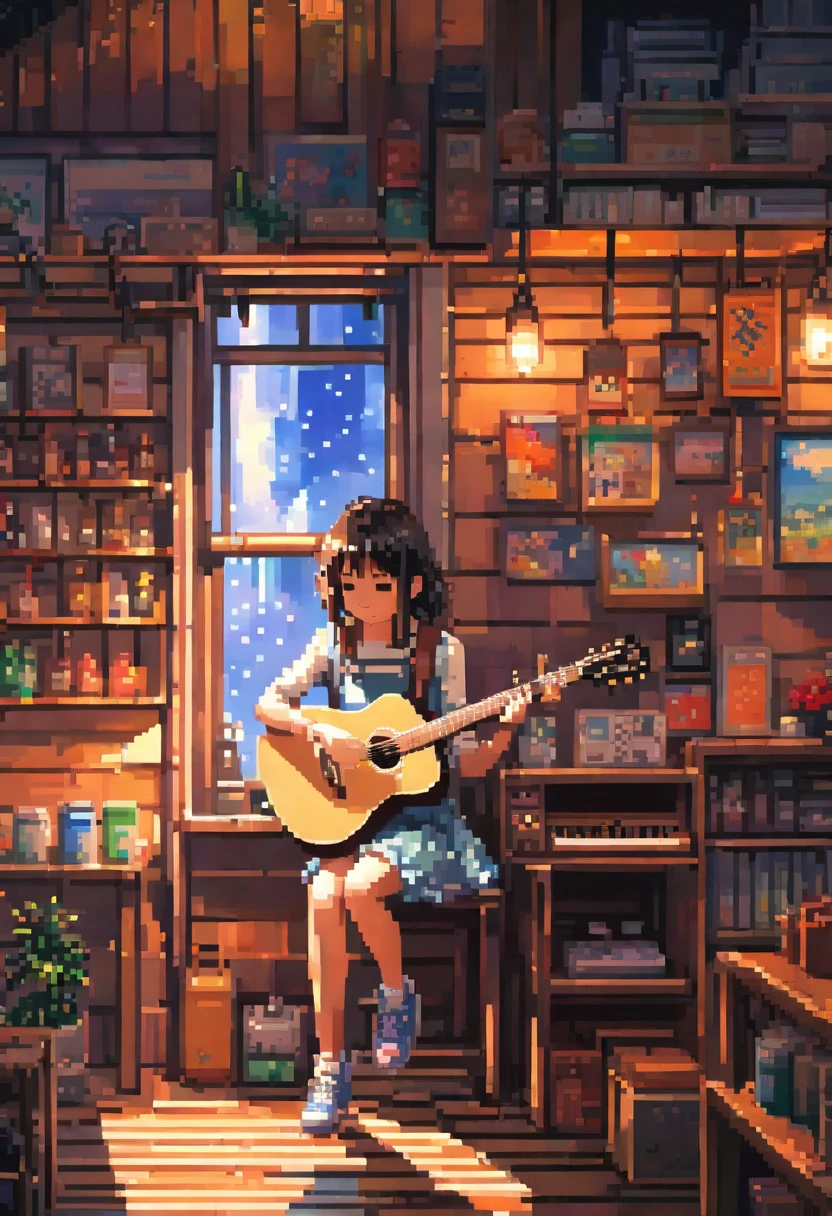 Pixel Art Painting Best Quality, masterpiece, Attention to detail, Super intricate details,Anime girl sitting on a shelf and playing guitar, Anime Art Wallpapers 8K, anime art wallpaper 4k, anime art wallpaper 4k, Anime Style 4k, anime wallpaper 4k, anime wallpaper 4k, anime wallpaper 4k, Manga Wallpapers, 4K wallpaper, Makoto Shinkai Cyril Roland, Girl playing guitar, LOFI Girl