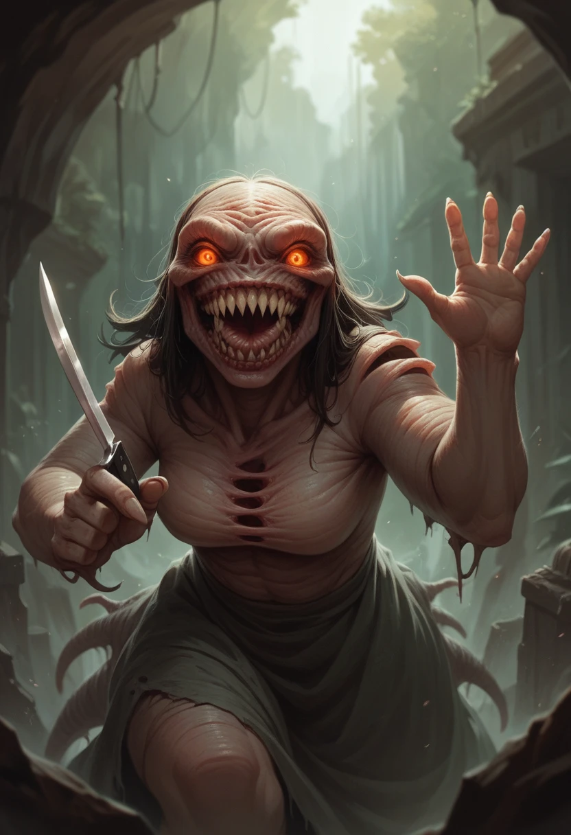 Mimic girl, glowing eyes, waving with the right hand, holding a knife with the left hand, sharp teeth, smiling