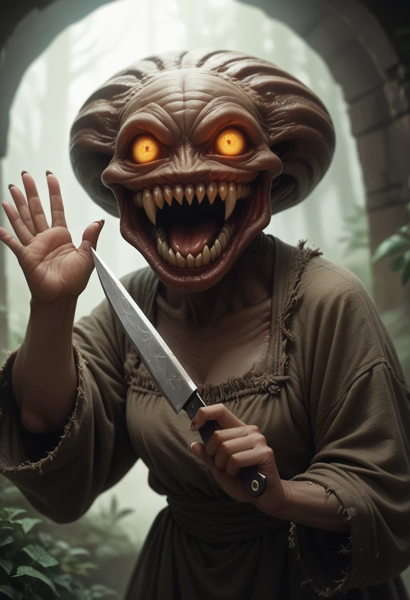 Mimic girl, glowing eyes, waving with the right hand, holding a knife with the left hand, sharp teeth, smiling 